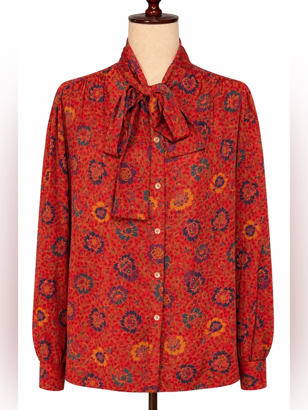 Vintage Red Floral Bow neck Blouse size XL